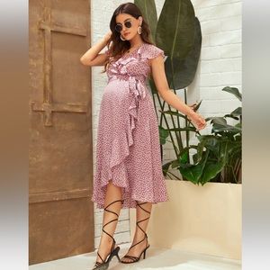 Maternity Ditsy Floral Ruffle Trim Tie Side Wrap Dress